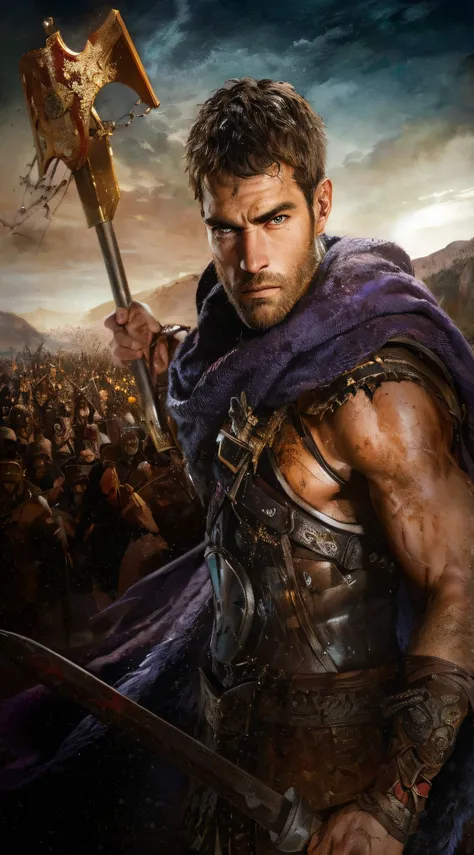 a man in armor holding a sword and a shield, biblical epic movie, textless, key art, gladiator, hercules, picture of an adult male warrior, warrior, henry cavill as a warrior, profile shot, movie poster of the punic wars, maximus jacobs, by Arthur Pan, por...