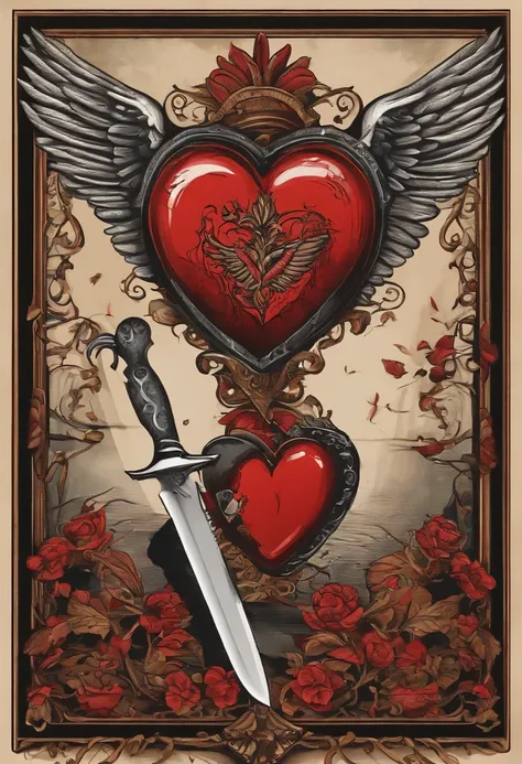 Vintage 70s cartoon drawing black and red tattoo with a winged heart and a knife behind the broken heart, desenhado a nanquim