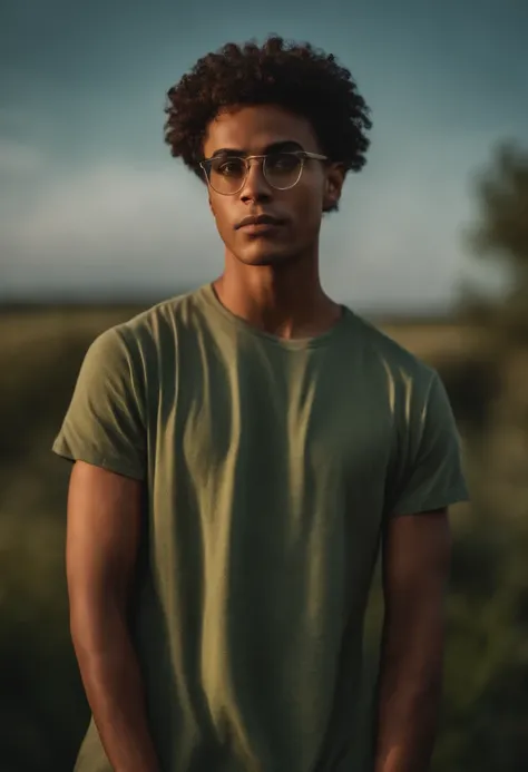 Young mixed-race man with greenish brown eyes and short hair, Dress with Nike from head to toe, Wearing Transparent Rectangular Glasses.