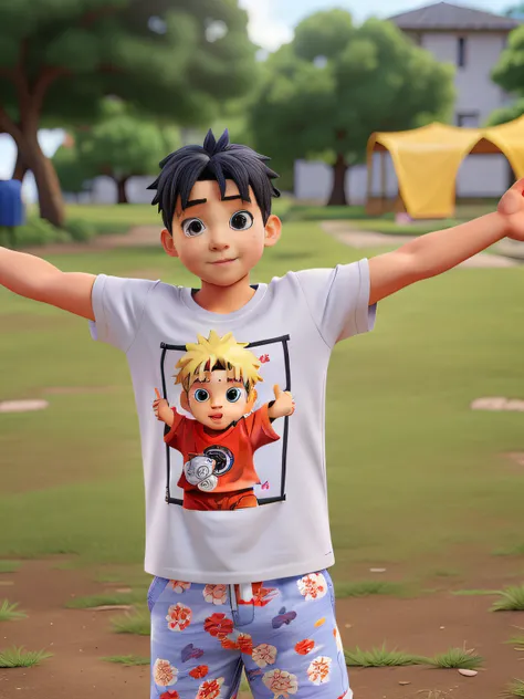 Child with open arms with naruto t-shirt