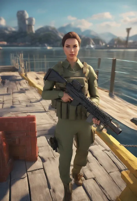 absurd resolution, high resolution, (master part: 1.4), hiper-detalhe, Weapons test site on an empty waterfront dock, 1 jovem mulher, cabelos ruivos curtos, traje de soldado, very serious expression