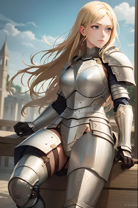 masterpiece, (realistic), highres, highly detailed, intricate, beautiful woman, Blonde hair, blue eyes, freckles, detailed face, knight, armor