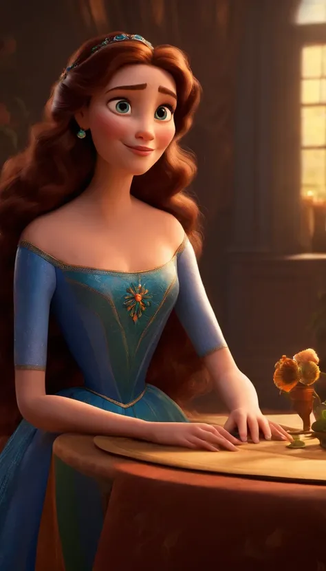 pixar animation, middle aged women，Long brown hair，largeeyes，with a round face，Wearing a long blue dress，Full body photo，are standing