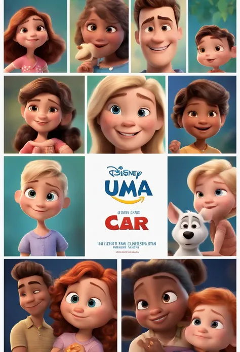 A Disney Pixar-inspired movie poster featuring a family of 4: uma mulher branca com cabelo liso curto, olhos castanhos, A 3-year-old white child with blond hair and brown eyes, e uma menina morena de 4 anos com longos cabelos castanhos lisos. A cena deve s...