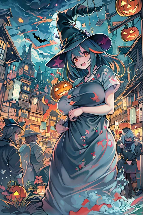 masutepiece,Charming Halloween Witches, Random coloring,2D, planar vector, T-shirt design, Colorful splashes, Fantasy Art, Watercolor effect,Digital Painting, white bg, 8K、night cityscape,bbw,Anime style、huge-breasted、BBW