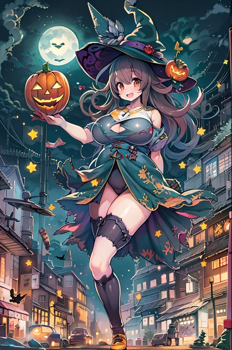 masutepiece,Charming Halloween Witches, Random coloring,2D, planar vector, T-shirt design, Colorful splashes, Fantasy Art, Watercolor effect,Digital Painting, white bg, 8K、night cityscape,bbw,Anime style、huge-breasted、BBW