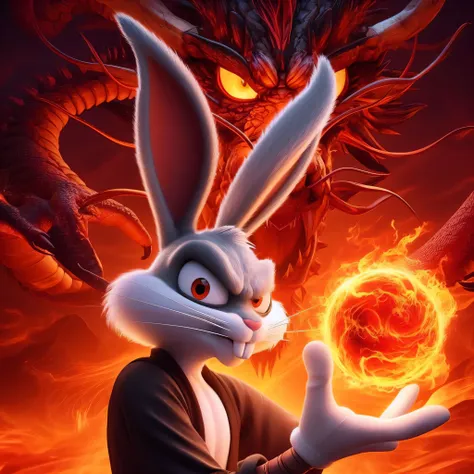 an orochi version of bugs bunny with a fireball in his hand, background with a dragon looking at the viewer, serious expression ...