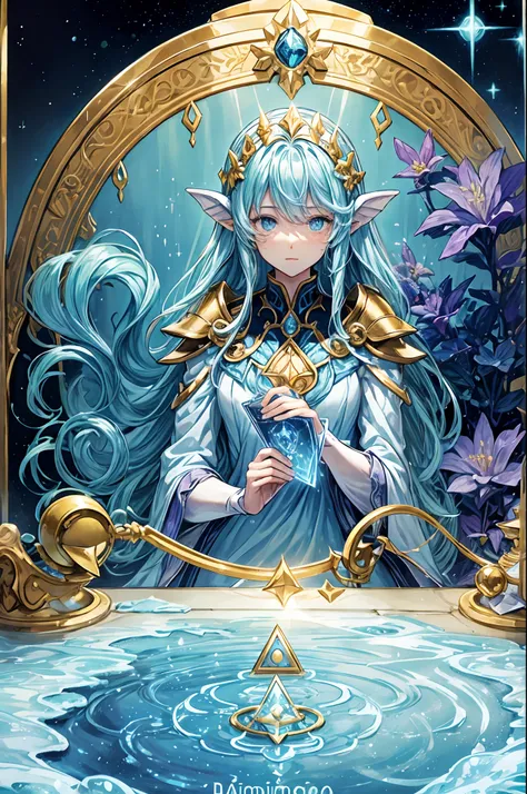 Alchemy themed card game. Summoning game. Celestial Rank Water Elemental Undine. Card illustration.