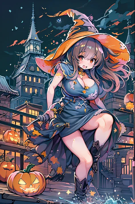 masutepiece,Charming Halloween Witches, Random coloring,2D, planar vector, T-shirt design, Colorful splashes, Fantasy Art, Watercolor effect,Digital Painting, white bg, 8K、night cityscape,bbw,Anime style、huge-breasted、BBW