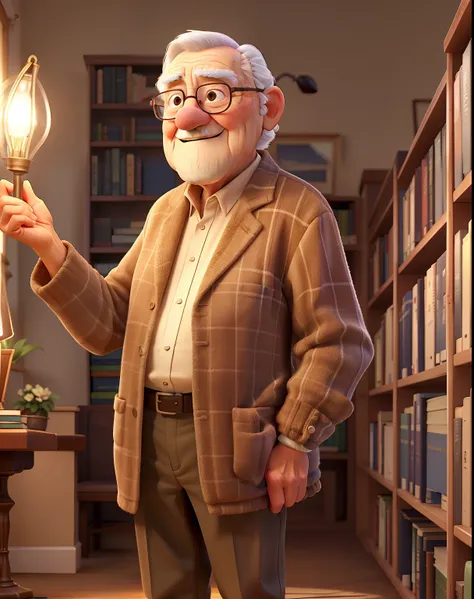 a wise old man standing in front, illuminated by the light of a lamp, against the backdrop of a library