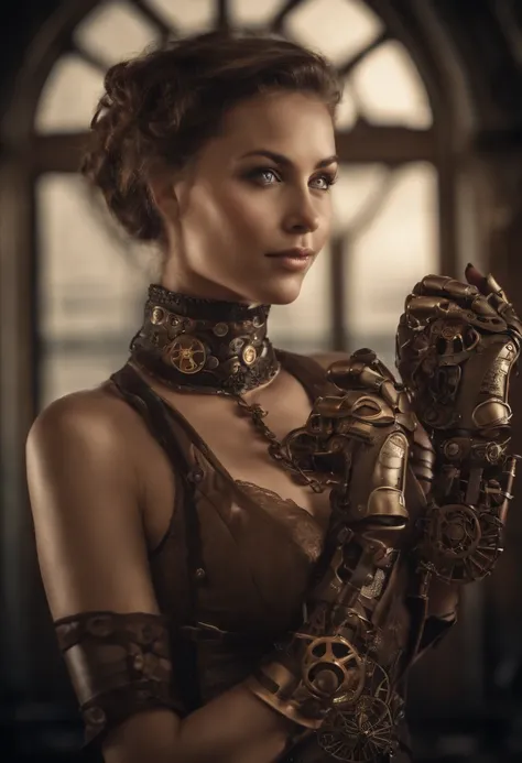 Smiling 1girl with bionic arms in steampunk fashion, Captured in ultra high resolution with photorealistic and beautiful lighting. This masterpiece is of the best quality and is set against an abstract zentangle background (ponderado em 1.4). mechanical ha...