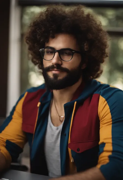 Homem de barba, Curly hair in front of computer wearing glasses, sorrindo com jeito de nerd pixa stile