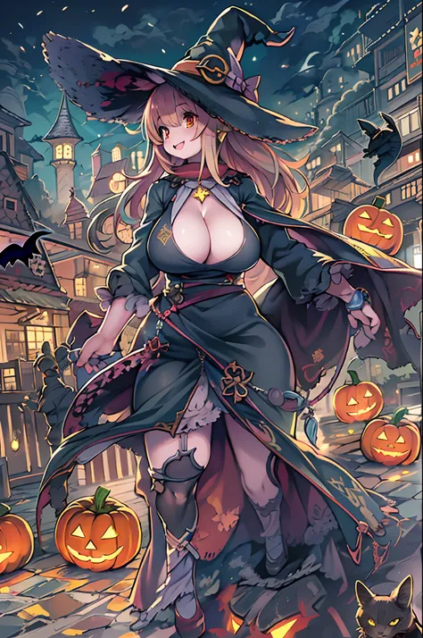 masutepiece,Charming Halloween Witches, Random coloring,2D, planar vector, T-shirt design, Colorful splashes, Fantasy Art, Watercolor effect,Digital Painting, white bg, 8K、night cityscape,bbw,Anime style、huge-breasted、BBW