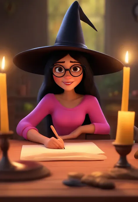 Create a Pixar movie poster of adorable witch, using a pink hat of witch, glasses, black hair and black eyes, long hair, smiling while write on paper, cut style crop top, 3d render, poster Pixar animation, yellow candles floating