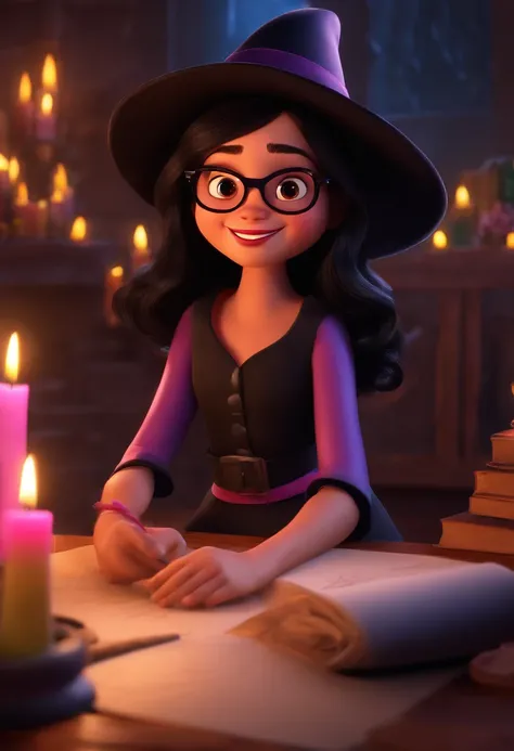 Create a Pixar movie poster of adorable witch, using a pink hat of witch, glasses, black hair and black eyes, long hair, smiling while write on paper, cut style crop top, 3d render, poster Pixar animation, yellow candles floating