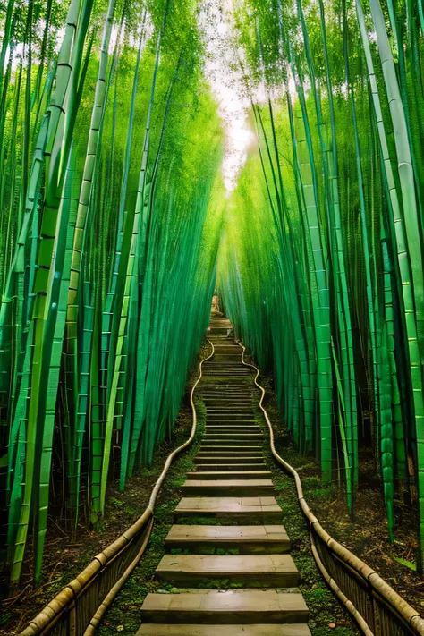 summer evening, Quiet bamboo forest, Bamboo leaves falling with the wind, Full moon in the sky, Flying fireflies