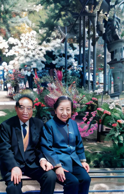 An elderly Asian couple sits on a park bench, Ruan Jia and Fenghua Zhong, fujicolor sample, hua cheng, wang liang, inspired by Li Keran, lin hsiang, taken with kodak portra, mu pan, Wu Liu, 35mm color photo, photo taken with ektachrome, photo 35mm，[[[The t...