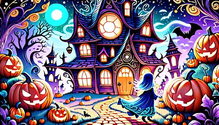 happy-halloween Insanely cute folktale, whimsical and enchanting fairytale-inspired illustration, vibrant cute, celebrate the spookiest night, brought to life through stunning visuals and intricate details, charm and nostalgia ghost, mystical presence, vib...