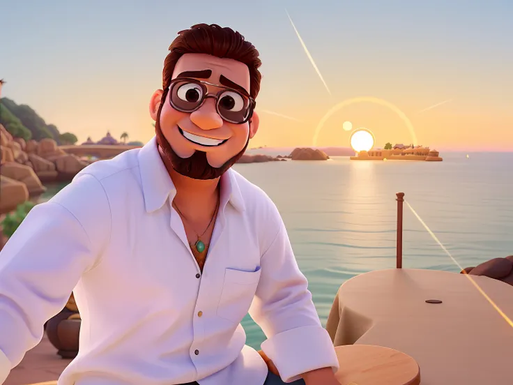 Poster no estilo Disney pixar, alta qualidade, melhor qualidade, homem sexy branco, 30 anos cabelo grisalho barba preta, musculoso, com fundo em um restaurante a luz de velas