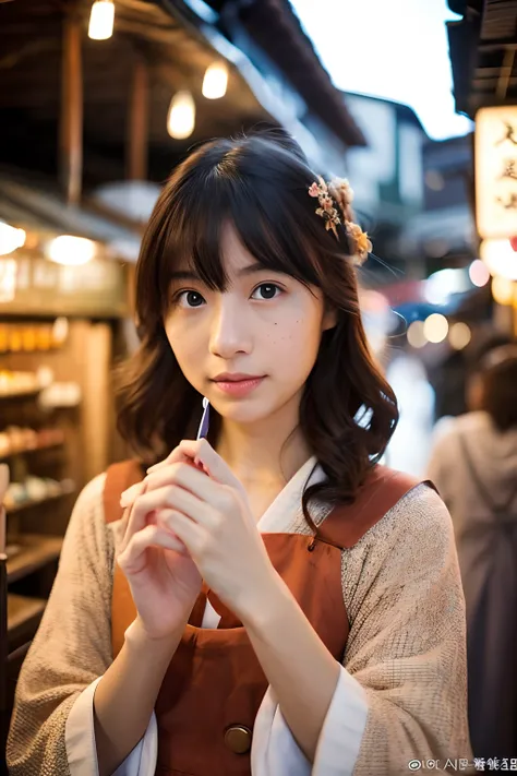 1girl,fullbody photo,japanese,25old year,a little freckles,working at Traditional stall in japan,Traditional clothes,Proper body proportion,Super high-quality output images,hight resolution,Intricate details,Hair fluttering in a very delicate and beautiful...