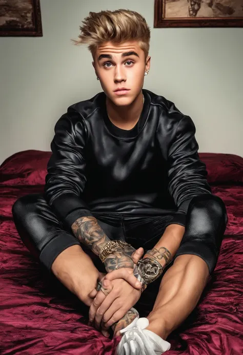 justin bieber（Justin Bieber）on top of the bed，Big belly，Wear black silk