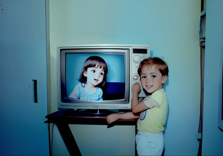 There are two children, a 6-year-old girl and a 7-year-old boy, in front of a television, Old Television Holding On Button, 1980s Analog Video, Television, TV ainda quadro, cerca de 1979, CRT Television, cerca de 1984, Foto anos 80, Foto tirada com Provia ...