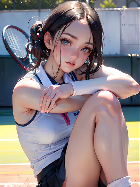 Best Quality, masutepiece,  High resolution, (Photorealistic:1.4), Raw photo, 1 beautiful girl ,Dynamic Angle,Female　tennis player,skirt ,small head, Glowing skin, Sweat,At the tennis venue,(Detailed beautiful face:1.4),detailed skins,Detailed eyes,detaile...