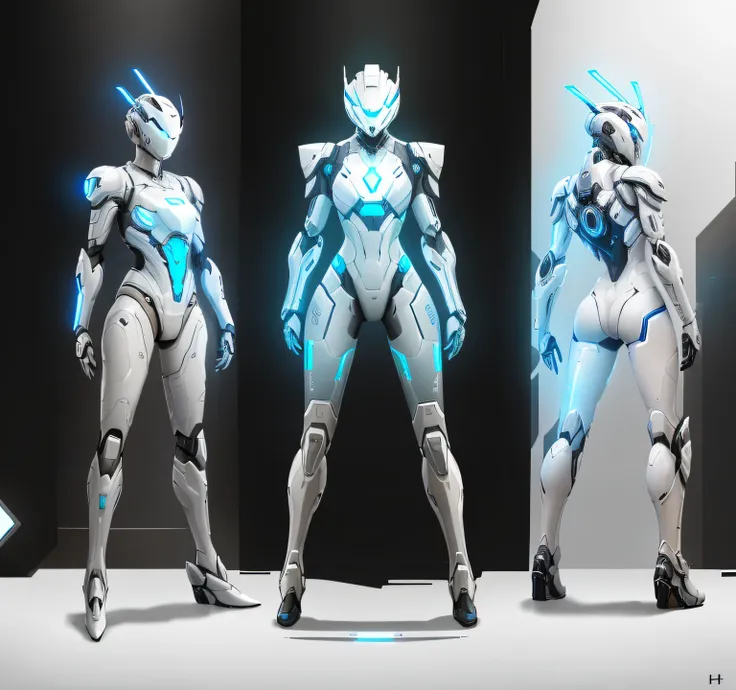 There are three robots in the room，Three white robots, diverse cybersuits, cyber suit, warframe armor, cyber fight armor, warframe armor!!, cyber suit, shiny hi tech armor, Concept armor, Cyber armor, Sci-fi armor, sci - fi armor, cyber armour, futuristic ...