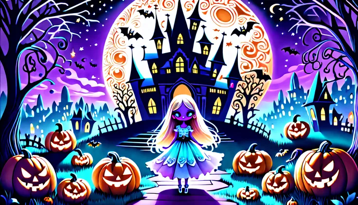 happy-halloween Insanely cute folktale, whimsical and enchanting fairytale-inspired illustration, vibrant cute, celebrate the spookiest night, brought to life through stunning visuals and intricate details, charm and nostalgia ghost, mystical presence, vib...