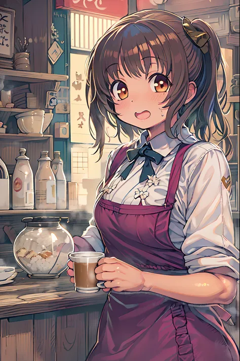 Anime girl in restaurant serving a cup of coffee, ( woman samurai ) girl, mysterious coffee shop girl, (SFW) safe for work, marin kitagawa fanart, small curvy loli, harry potter in a maid’s uniform, anime moe art style, cooking it up, nishimiya shouko, Chi...