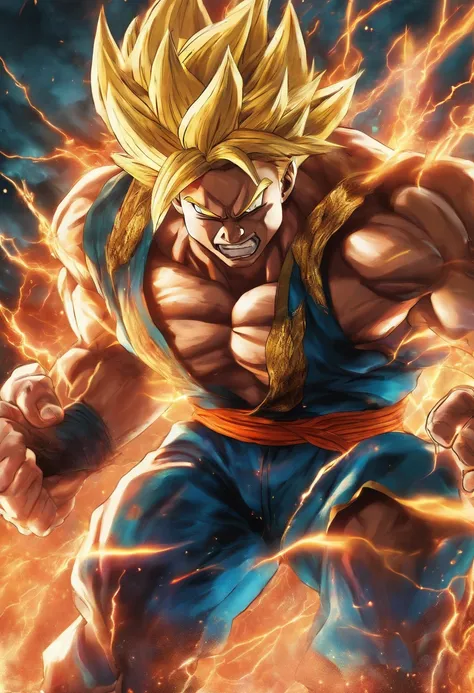 Realistic 3D rendering of Goku Super Saiyan fused Aquaman, surrounded by lightning, grande musculatura, fotografia de corpo inteiro, hiper-realista