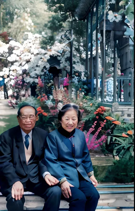 An elderly Asian couple sits on a park bench, Ruan Jia and Fenghua Zhong, fujicolor sample, hua cheng, wang liang, inspired by Li Keran, lin hsiang, taken with kodak portra, mu pan, Wu Liu, 35mm color photo, photo taken with ektachrome, photo 35mm，[[[The t...