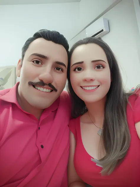 Homem de aproximadamente 30 anos vestindo camisa rosa sentado com cabelo preto e bigode preto surgindo ao seu lado sua esposa mulher sorrindo