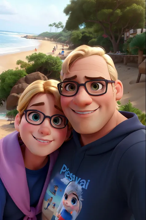 um casal na praia, no estilo Disney Pixar Cartoon, foto alta qualidade, belo olhos, homem com pouco cabelo