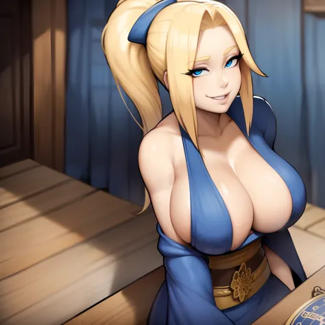 (((Solo))) 1girl, blonde hair in a ponytail, smiling, facing camera, blue eyes, large chest,wearing blue kimono, cooking, cleavage, sitting at a wooden table, beautiful eyes, detailed hands, full lips, best quality, (fortune teller), wearing golden jewelry