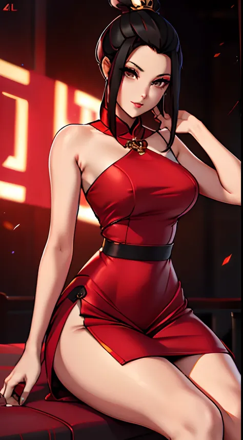 4k,A woman, black hair, brown eyes,Sexy red Cheongsam Mini Dress,