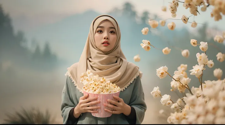 a beautiful malay young woman in hijab, is standing with large popcorn explosion in the background, popcorn flying in the air, in the style of mid sommar, fanciful, natural landscape , dreamlike imagery, captivating documentary photos, flowing fabrics, dis...