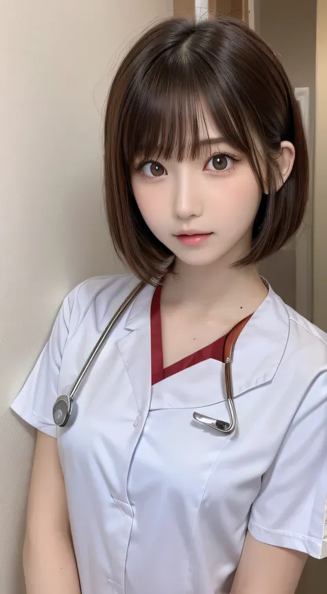 masutepiece, Best quality, One girl, (Beautiful girl:1.3), (18 years old:1.3), Very fine eye clarity, (Symmetrical eyes:1.3), (nurse costume:1.2), Beautiful breasts, Brown eyes, Parted bangs, Brown hair