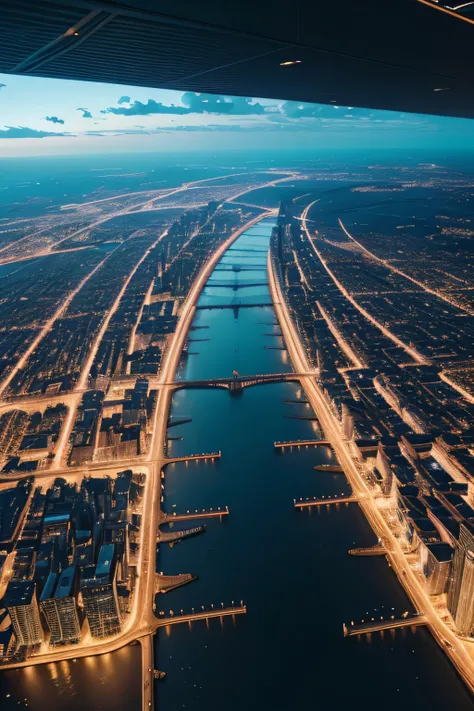 A super technological city with tall buildings, Abaixo dagua, Buildings illuminated with colored lights, fundo escuro, Underwater view of civilization from above, Ultra realista, Muitos detalhes