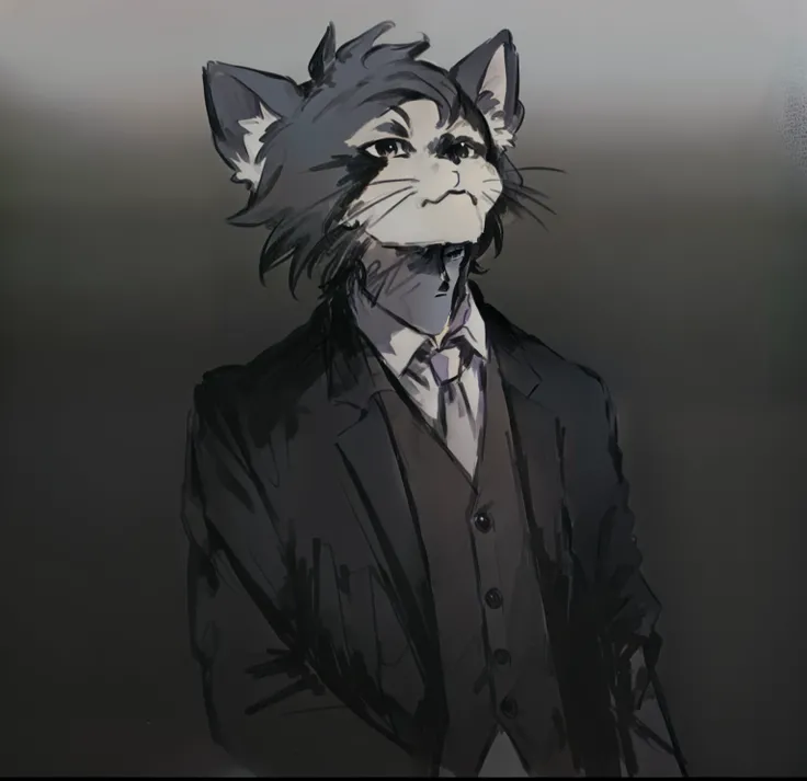 there is a cartoon cat wearing a suit and tie, an anthro cat, a raccoon wearing formal clothes, professional furry drawing, he i...