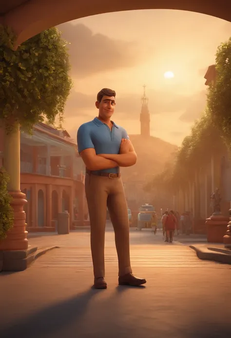 diretor careca gordinho de camisa polo corpo inteiro em frente a uma escola em guapimrim rio de janeiro estilo disney, cartoon, render 3d