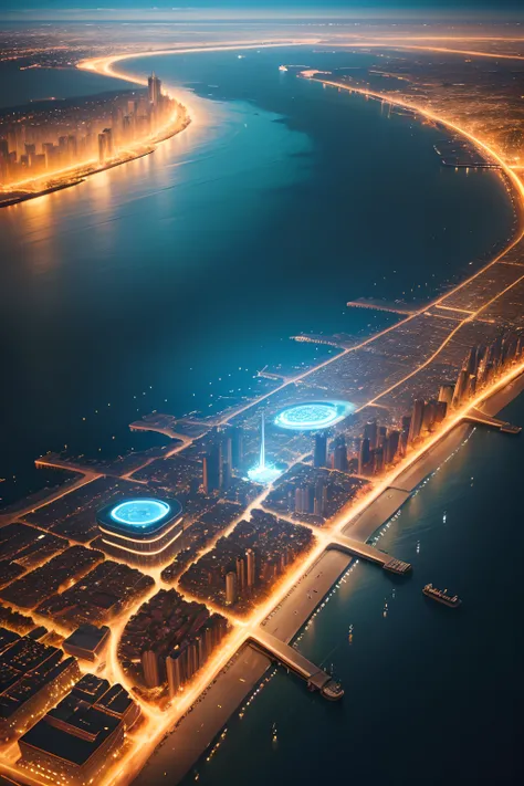 A super technological city with tall buildings, Abaixo dagua, Buildings illuminated with colored lights, fundo escuro, Underwater view of civilization from above, Ultra realista, Muitos detalhes