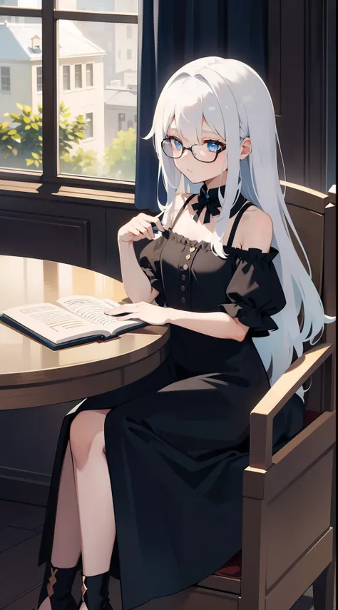 small girl, Long white hair, blue eyes, Black, stylish glasses, blue dress, fluffy dress, short sleeves, open shoulders, book, sitting at the table, tea, Masterpiece, hiquality, 4k, HD, Good detail