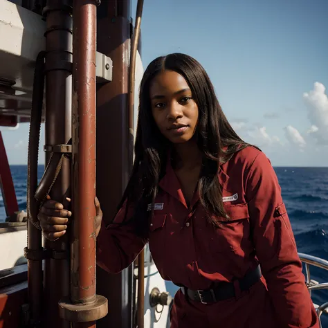 Black woman with straight hair, red uniform, mechanic holding a tool, offshore world, work on the high seas