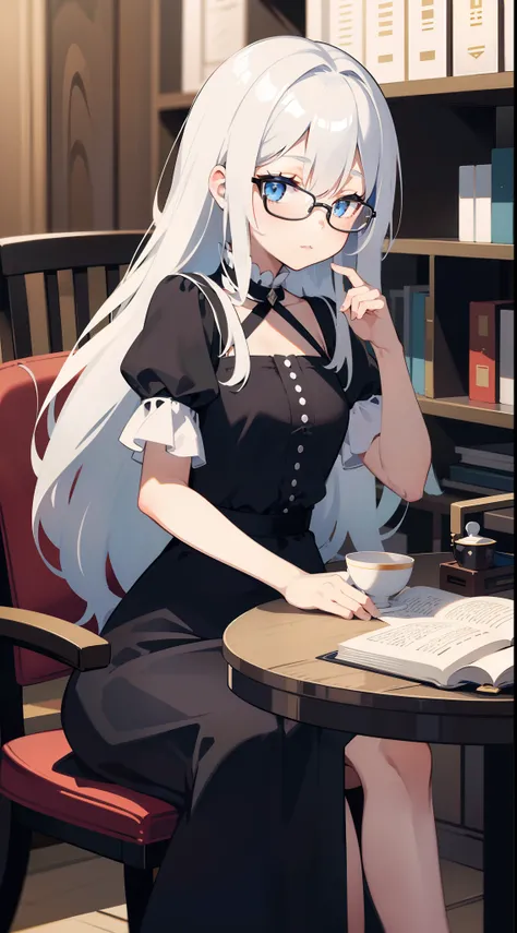 small girl, Long white hair, blue eyes, Black, stylish glasses, blue dress, fluffy dress, short sleeves, open shoulders, book, sitting at the table, tea, Masterpiece, hiquality, 4k, HD, Good detail