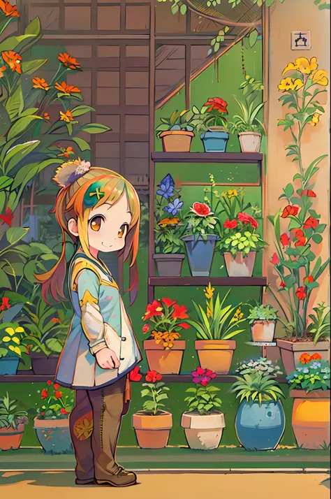 masutepiece, Best Quality, 1girl in, Podenko, flower pots, Little smile, multicolored background, flower, Dynamic Color,