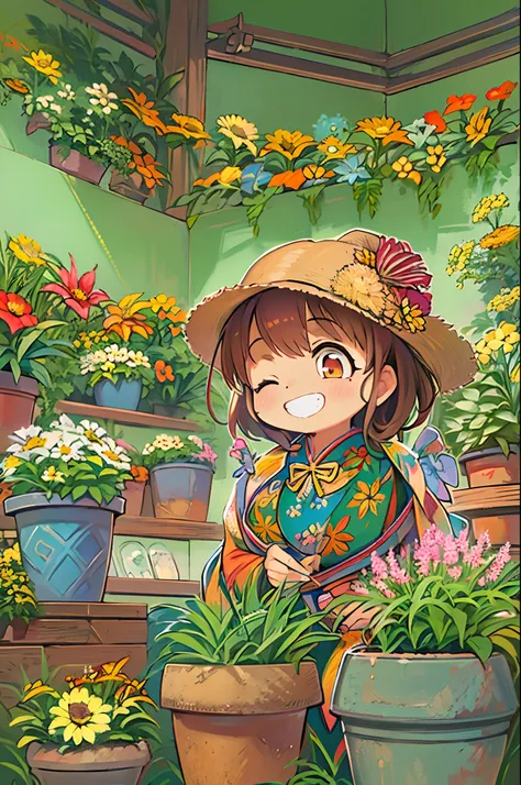 masutepiece, Best Quality, 1girl in, Podenko, flower pots, Little smile, multicolored background, flower, Dynamic Color,