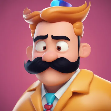 Make a Pixar Style Realistic Poster of 3D Animation. O personagem tem bigode e cavanhaque , Hair shaved from the sides and top slicked back and tied, vestindo um sobretudo preto com terno preto , Tem um rosto bonito e sedutor, 8k