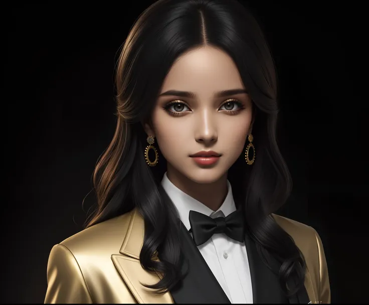 (melhor qualidade, 4k, alta resolução, obra-prima: 1.2), Detailed jacket with black tie, olho direito dourado, cabelo preto, extremamente detalhado,hiperrealista,profesional lighting,foco nítido,cores vivas,retrato