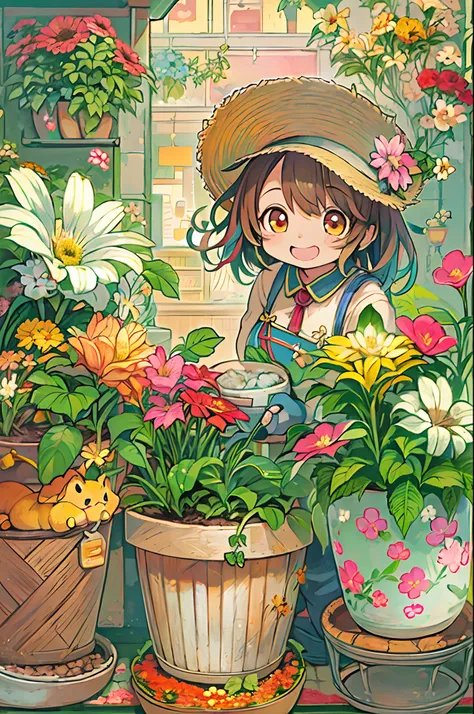 masutepiece, Best Quality, 1girl in, Podenko, flower pots, Little smile, multicolored background, flower, Dynamic Color,